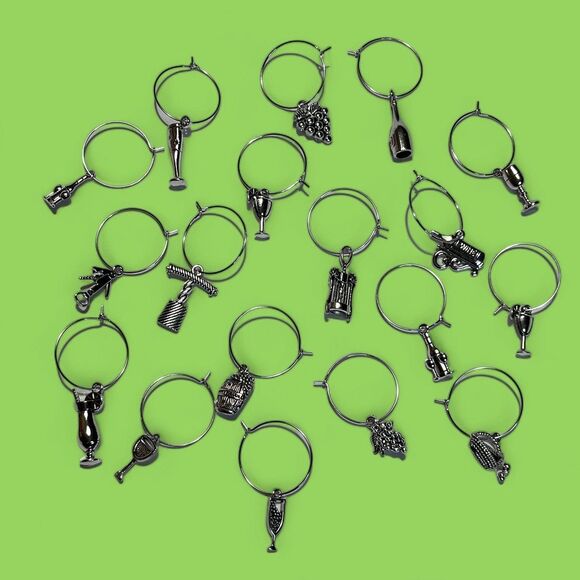 Silver Wine Themed Pendant Stemware Drink Charms Markers Set of 6 Assorted - Picture 5 of 6